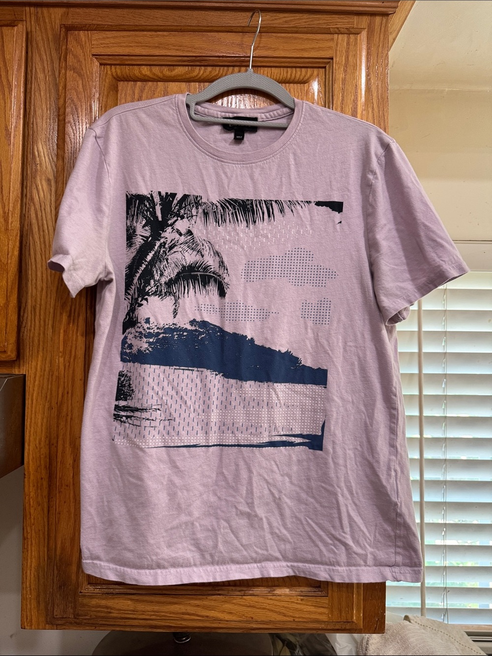 Men's EXPRESS Light Mauve Graphic Tee with Navy Beach Print size SMALL (36-38)